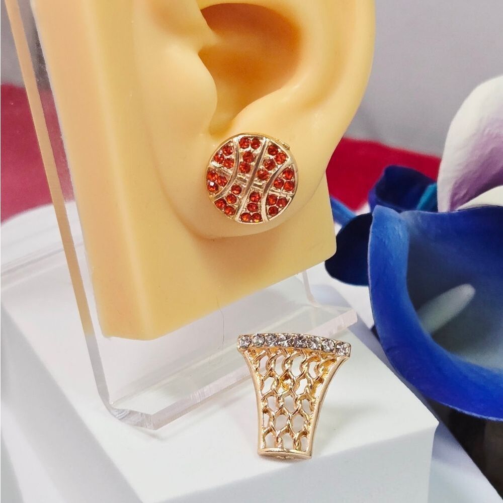 Basketball Hoop & Ball Stud Earrings 🏀 Rhinestone Gold Mismatched Sports Set